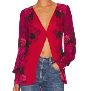 Free People Mikayla Scarlet Combo Red Printed Floral Front Hook Blouson Blouse